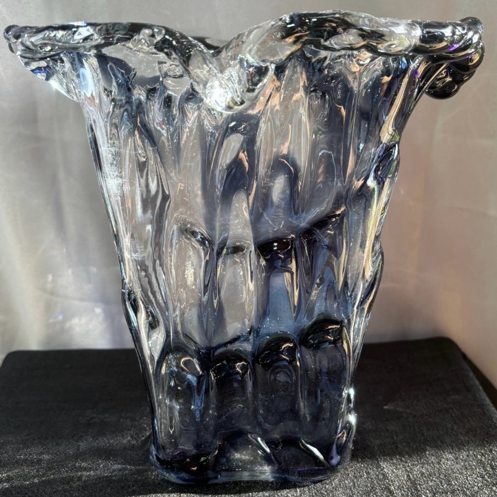 Adam Jablonski Clear Blue Art Glass Vase 10" Hand Blown Glass Poland - Signed